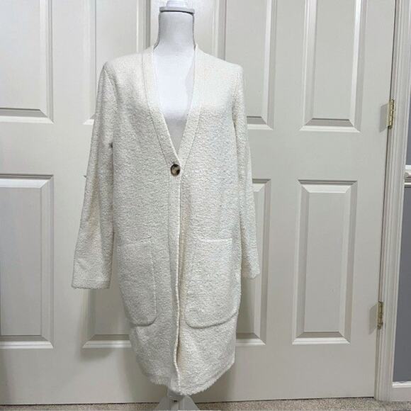 J. Jill Jackets & Blazers - J.Jill Textured Cream Bouclé Knit Long Cardigan Coat LARGE 32" Pockets